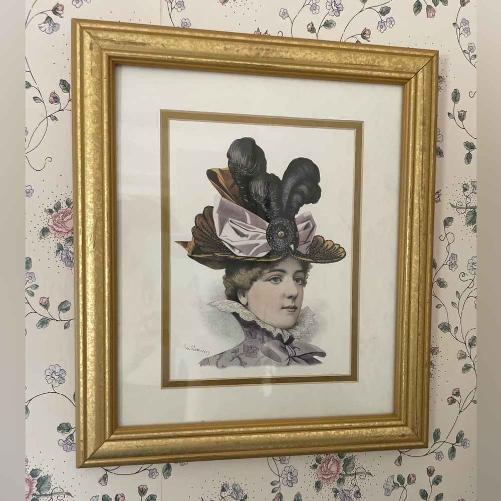 G Gonik 12x14 Victorian Lady Portrait in Gold Frame - Purple Hat Accent